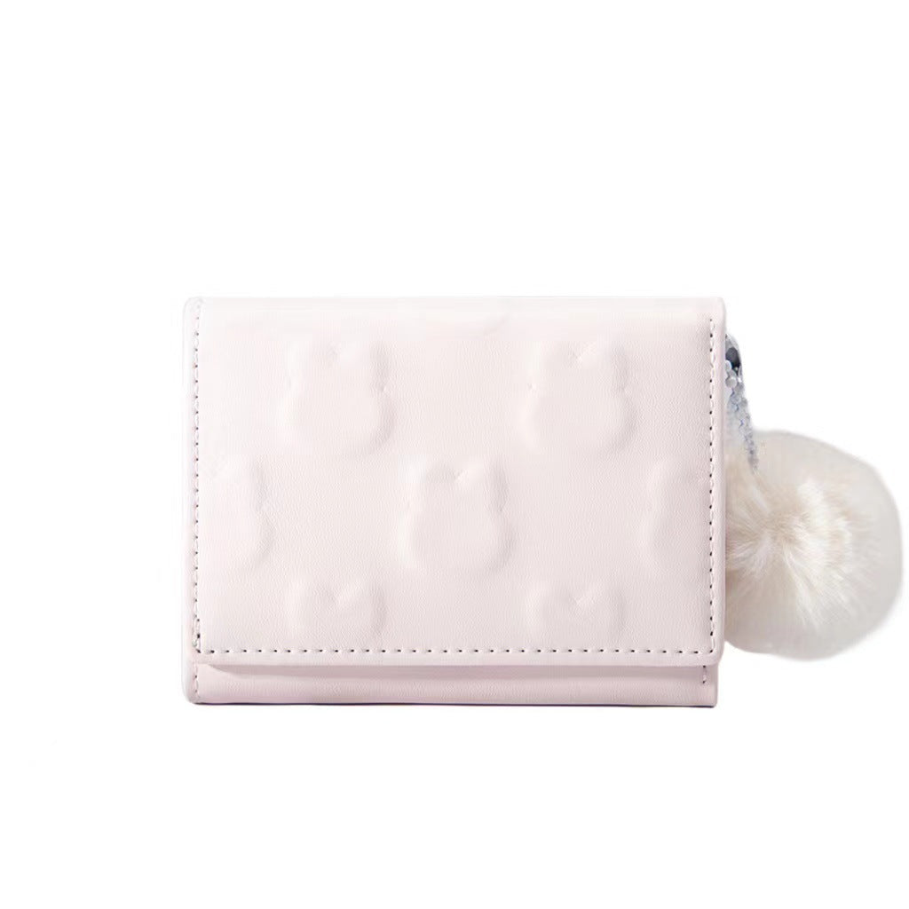 New Korean Style Cute Rabbit Wallet for Women, Waterproof PU Leather with Embossed Pattern and Fluffy Pom-Pom, Sweet and Fashionable Daily Accessory