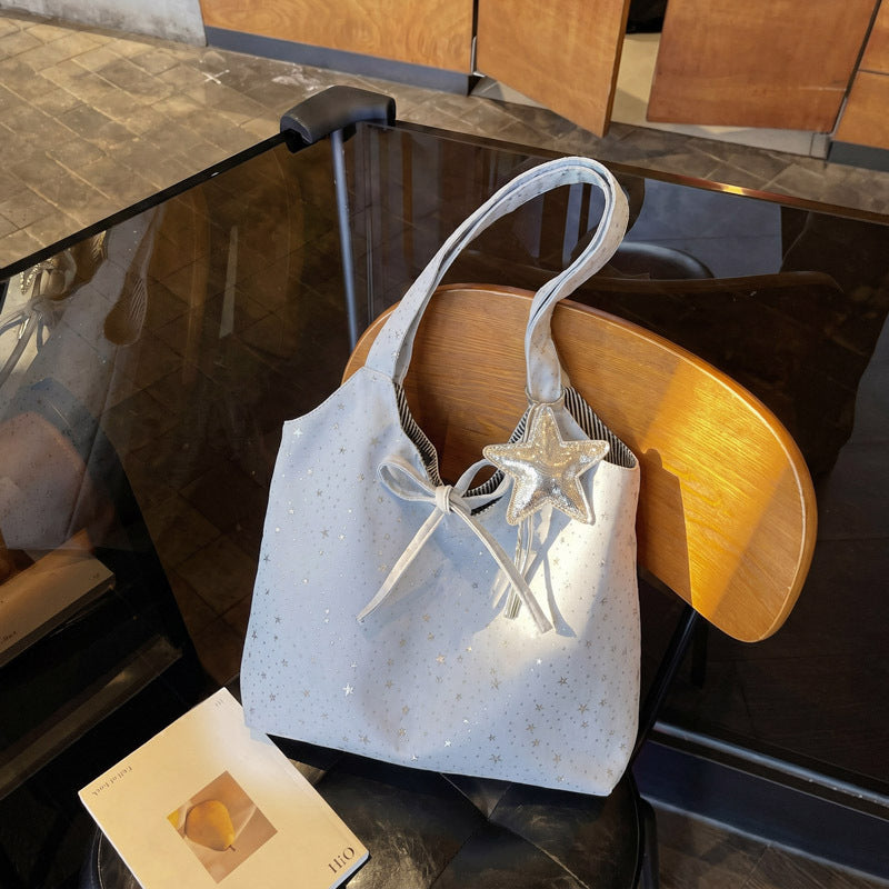 Starry Tote Bag for Women 2026 New Fashion Large Capacity Daily Commute Simple Style Shoulder Bag with Bow and Star Charm