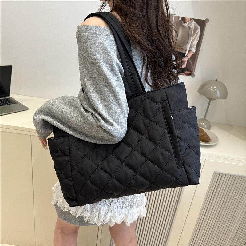 Women's Cotton-Padded Bag New Rhombus Large Capacity Portable Tote Bag Commuter Shopping Shoulder Bag
