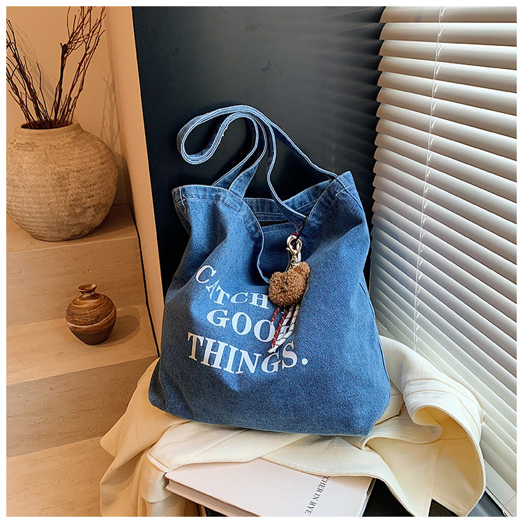 Stylish Denim Tote Bag with Inspirational Quote - Large Capacity Shoulder Bag for Daily Use and Shopping