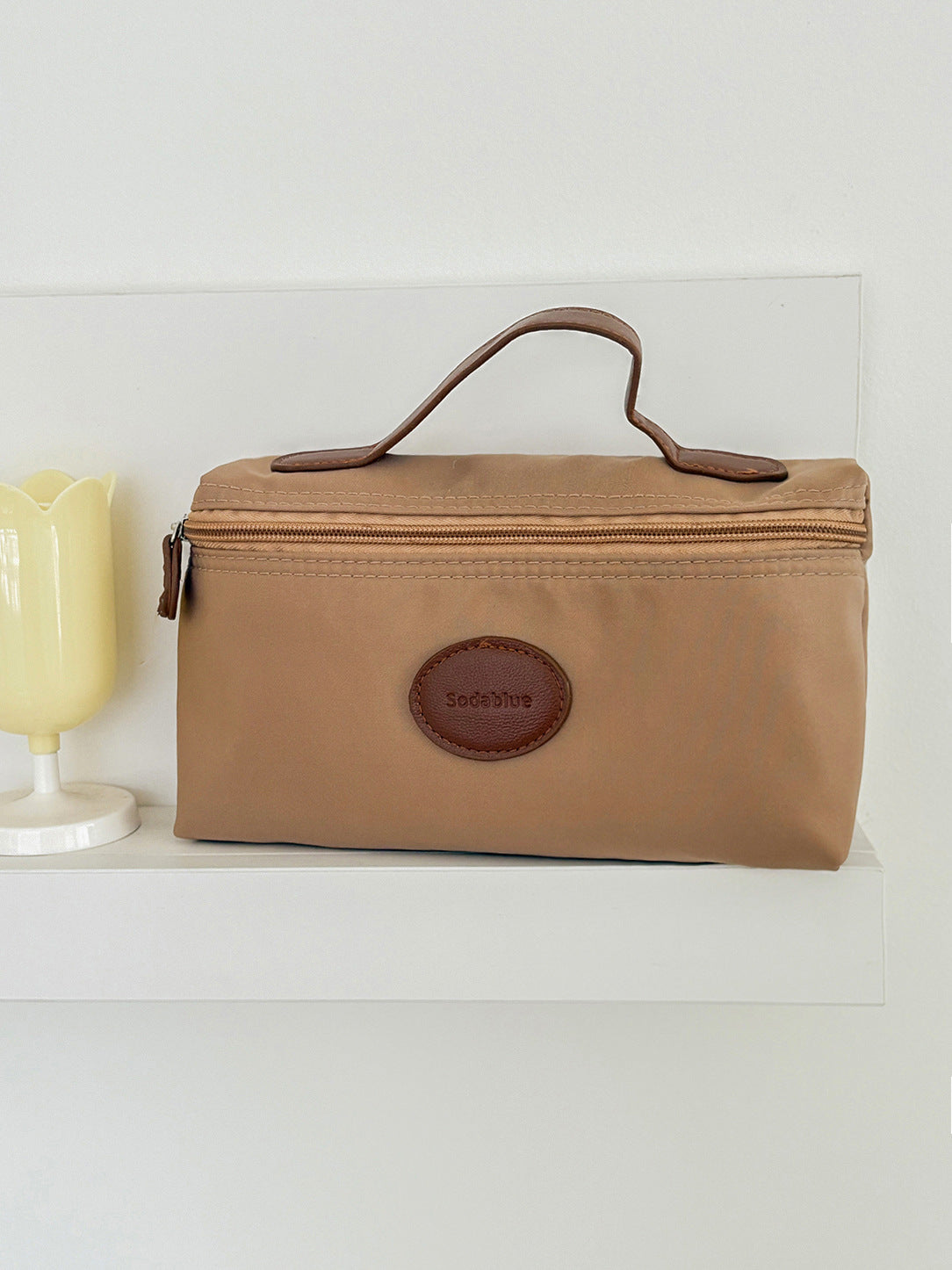 Elegant Nylon Cosmetic Bag with Leather Accent Handle, Lightweight & Portable for Daily Use