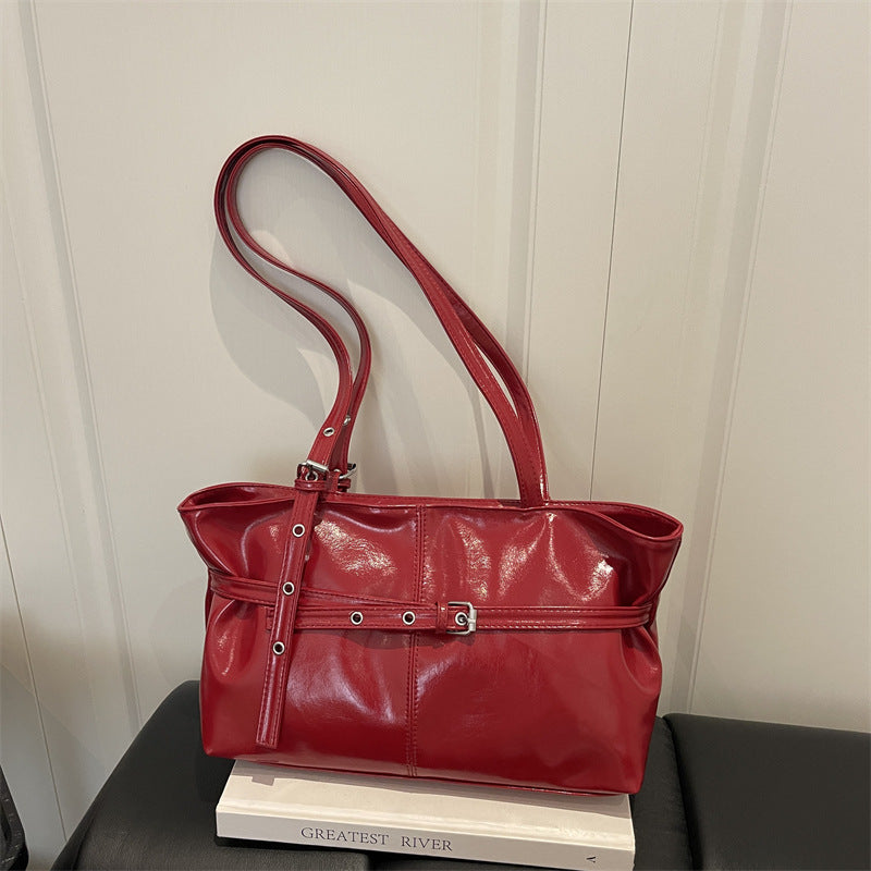 Simple Casual Large Capacity New Belt Buckle Commuting Fashion Texture One Shoulder Underarm Tote Bag Women