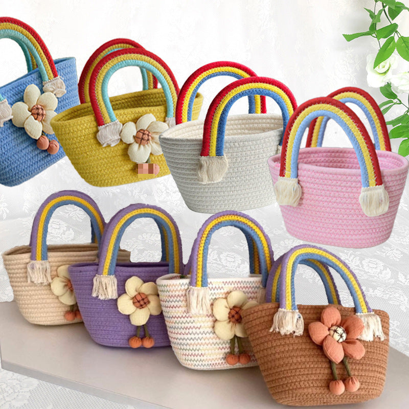 Sunflower Cotton String Woven Bag Straw Bag Baby Birthday Party Portable Cloud Beach Bag Basket