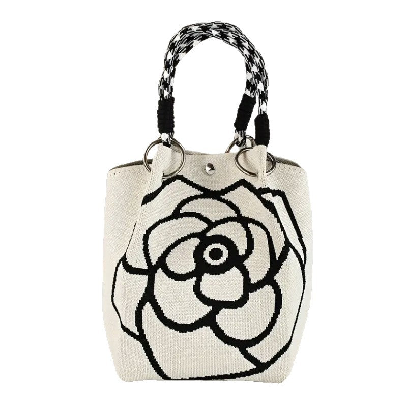 Retro Camellia Flower Large Capacity Knitted Bucket Bag Women's All-Match Casual Handbag