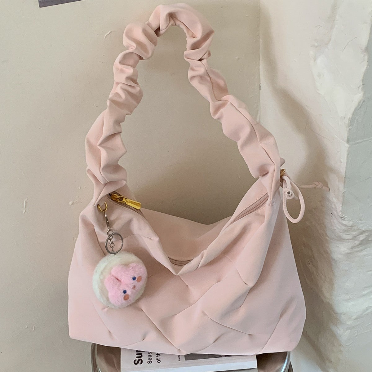 2026 New Korean Style Large Capacity Shoulder Bag with Cute Pom-Pom Charm, Soft Quilted Design for Daily Use