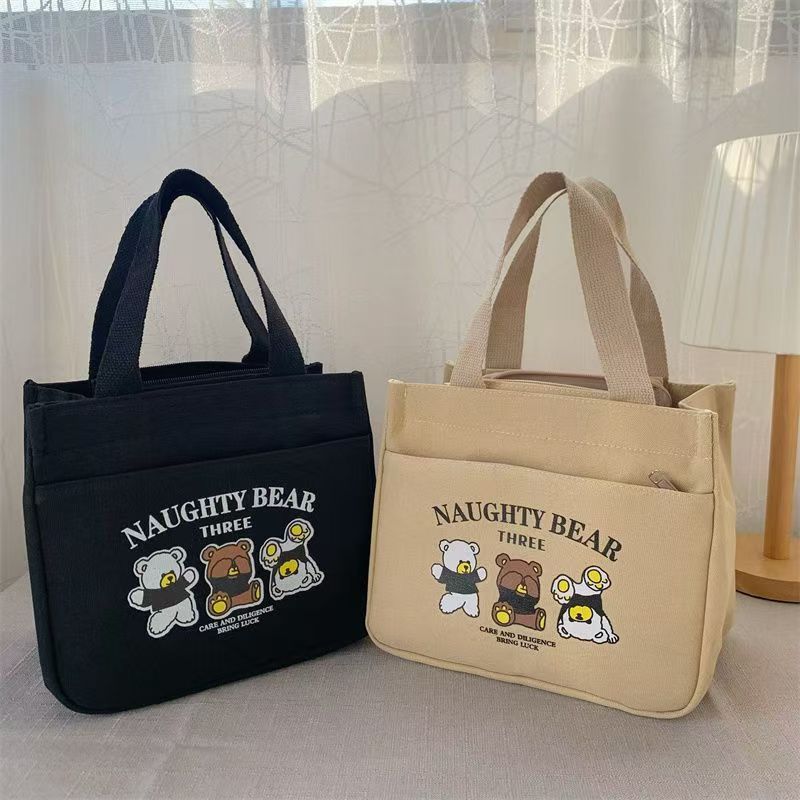 Naughty Bear Three Cute Cartoon Print Canvas Lunch Bag with Zipper Closure and Multiple Inner Pockets for Daily Use