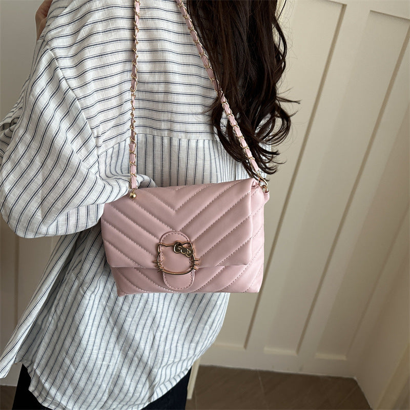 Chic Quilted Crossbody Bag with Hello Kitty Charm, Fashionable Chain Strap for Daily Style