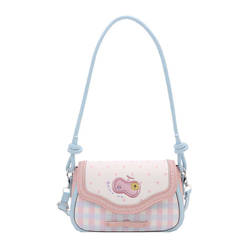 Cute Apple Design Patchwork Shoulder Bag with Ruffle Trim for Women, Fashionable Crossbody Bag with Bow Detail and Soft PU Material