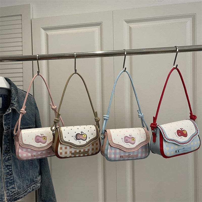 Cute Apple Design Patchwork Shoulder Bag with Ruffle Trim for Women, Fashionable Crossbody Bag with Bow Detail and Soft PU Material