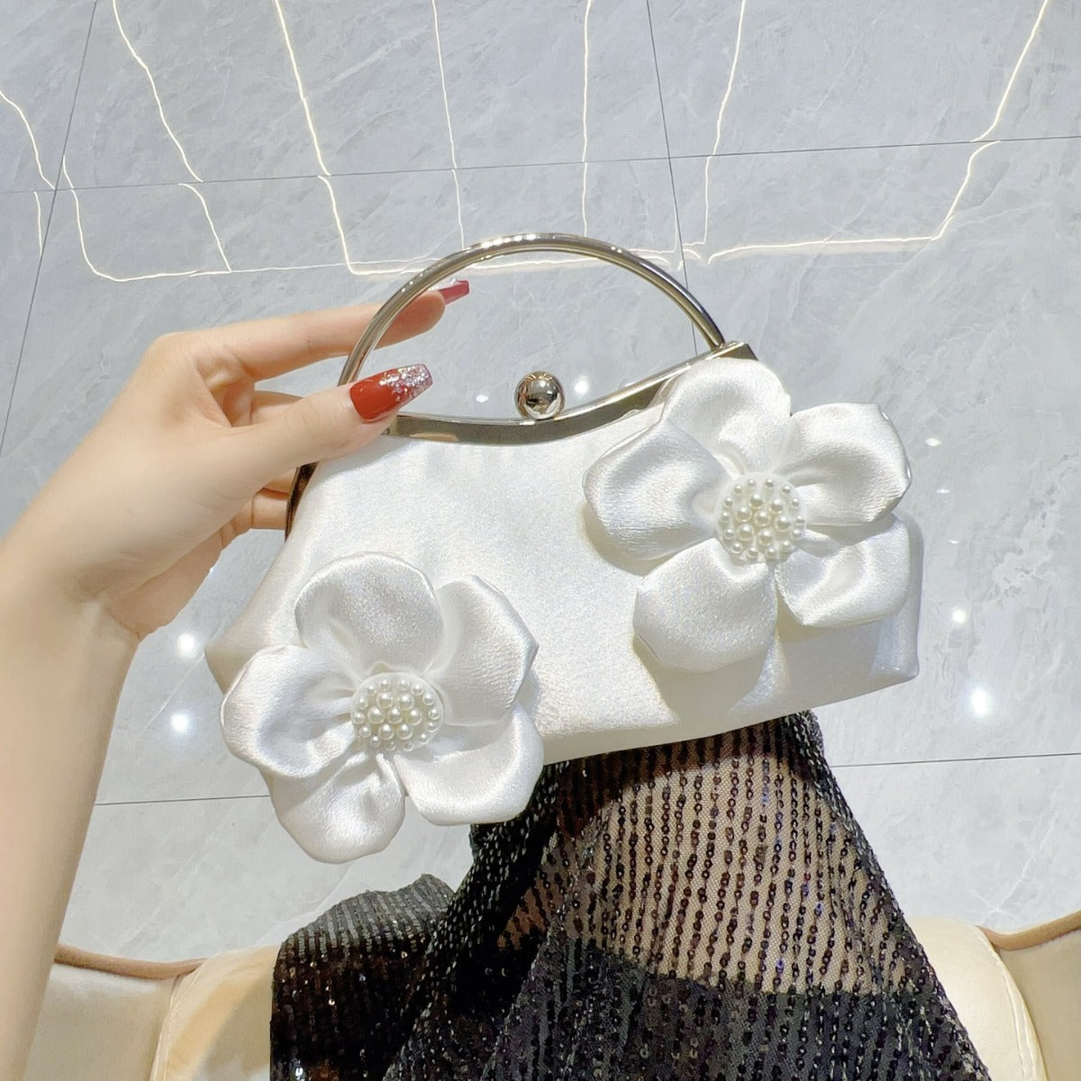Elegant Floral Satin Clutch Bag with Pearl Center Design for Wedding, Evening Events, and Traditional Outfits