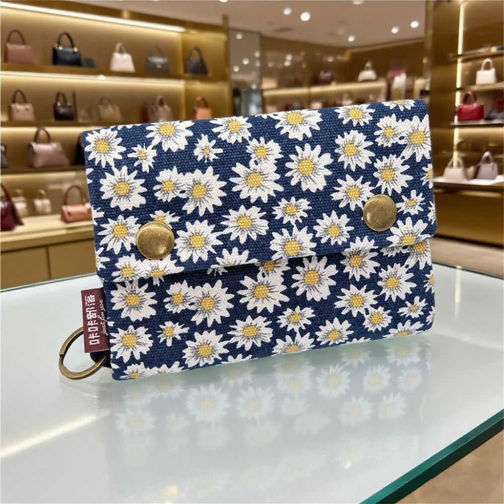 Creative Cartoon Printing Tri-Fold Denim Canvas Wallet Simple Canvas Card Holder Key Case for Both Men and Women