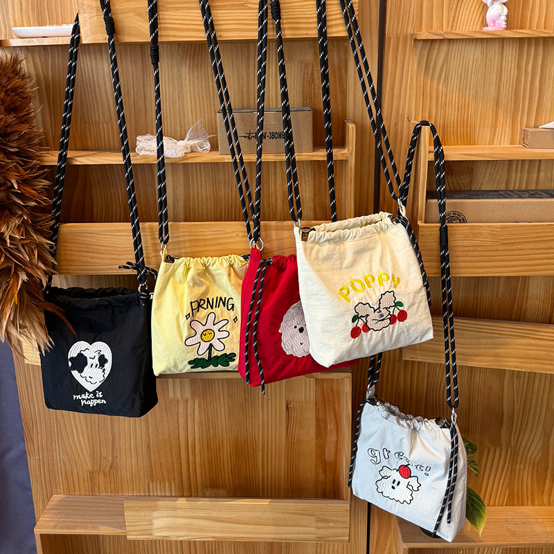 Cute Embroidered Drawstring Bag with Adorable Dog Design, Fashionable Nylon Crossbody Bag for Daily Use
