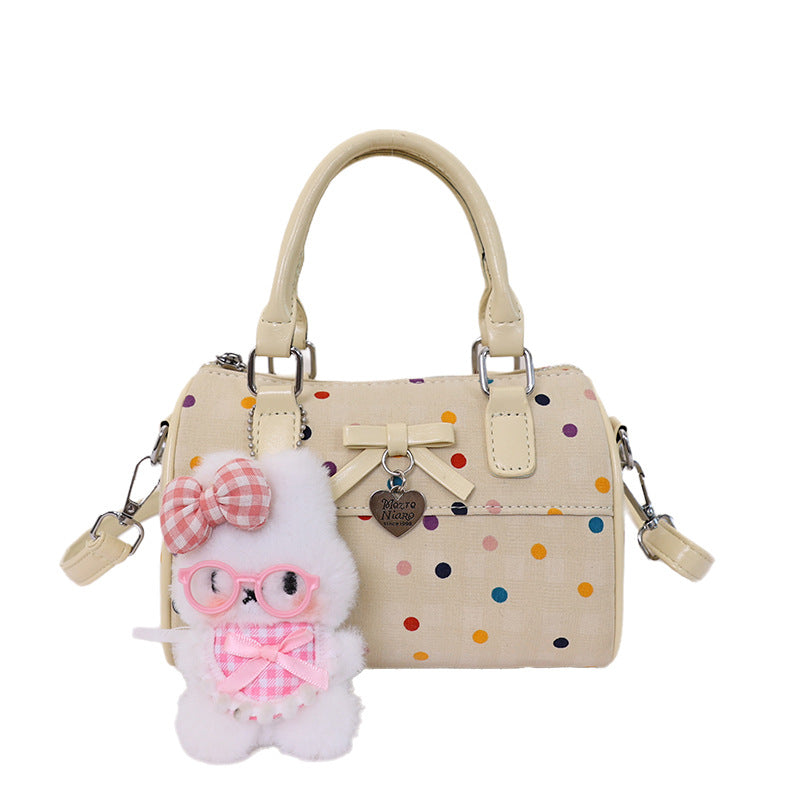 Cute Korean Summer Handbag with Polka Dot Bowknot Design, Soft Cylinder Shape Tote for Daily Use