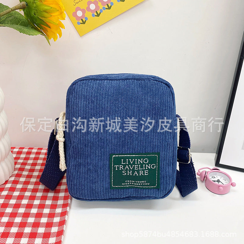 Corduroy Small Square Bag Women's Shoulder Bag Korean Simple Messenger Bag Zipper Closure Strap Mobile Phone Bag