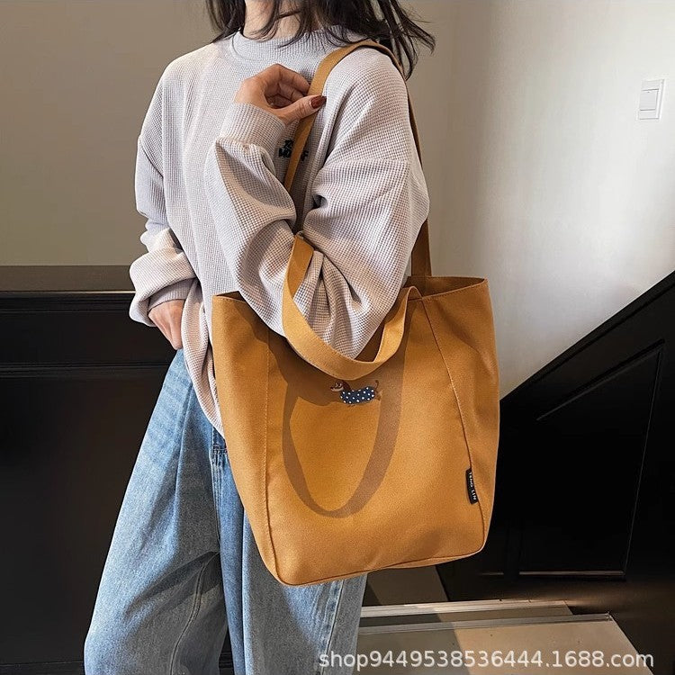 Stylish Canvas Tote Bag with Embroidered Dachshund Design, Large Capacity for Daily Commute and School Use