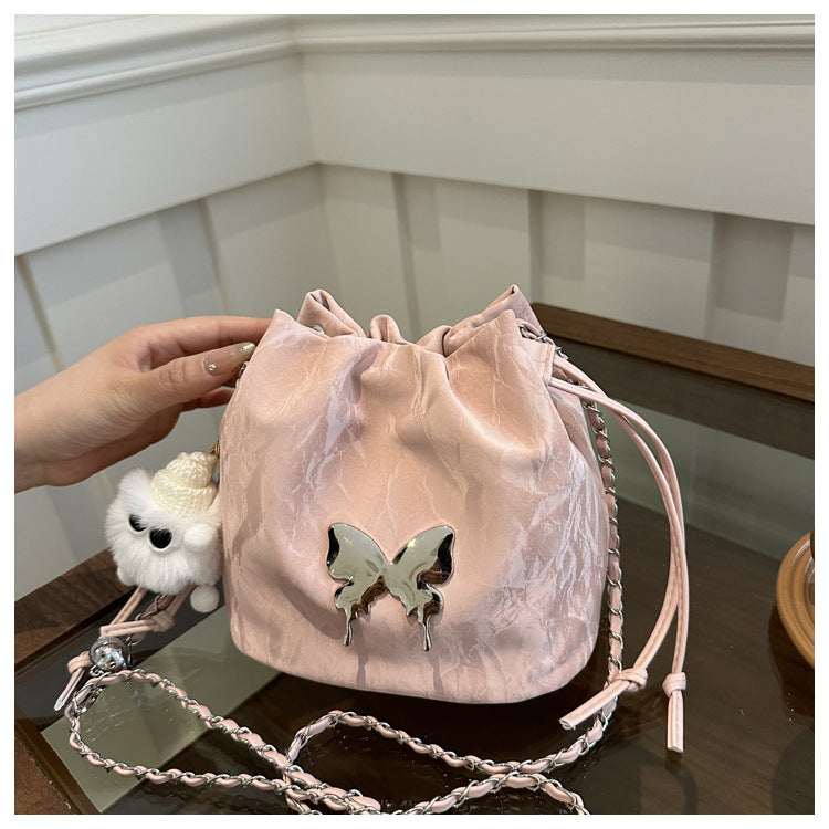 Fashionable Drawstring Bucket Bag with Chain Strap and Cute Pom-Pom Charm for Women