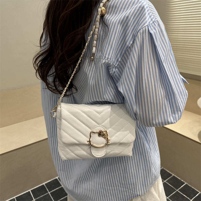 Chic Quilted Crossbody Bag with Hello Kitty Charm, Fashionable Chain Strap for Daily Style