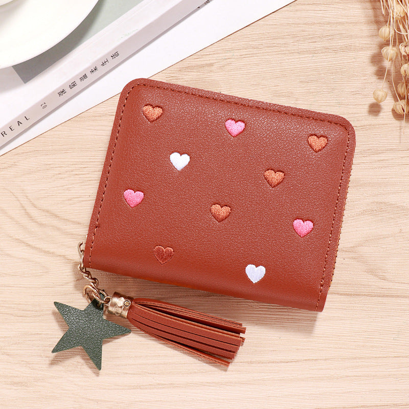 Cute Heart Embroidery PU Wallet for Women with Tassel Charm and Star Pendant, Compact Card Holder for Daily Use