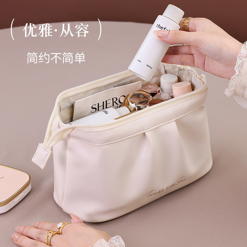 Elegant PU Waterproof Makeup Bag with Lettering Design, Large Capacity Travel Cosmetic Pouch for Women, Urban Minimalist Style