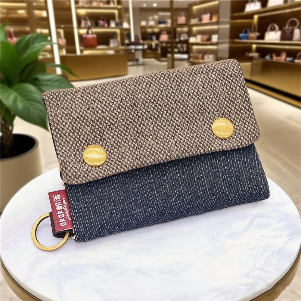 Creative Cartoon Printing Tri-Fold Denim Canvas Wallet Simple Canvas Card Holder Key Case for Both Men and Women