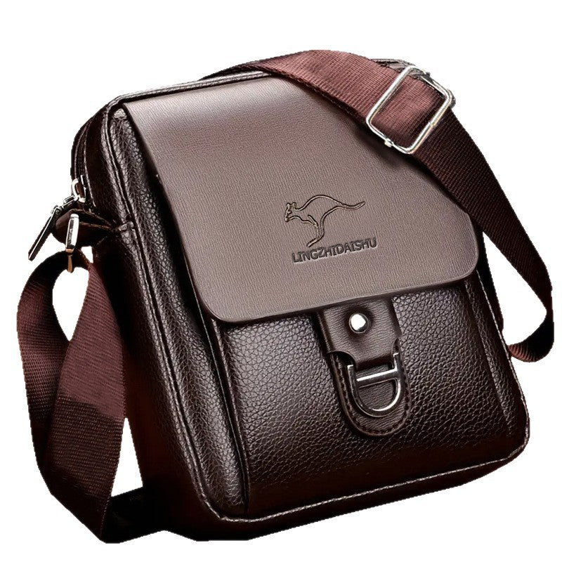 Stylish PU Leather Men's Shoulder Bag with Kangaroo Logo, Business Casual Crossbody Bag for Daily Use
