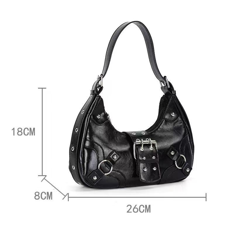 Urban Chic Crescent Shoulder Bag with Buckle and Stud Details for Daily Style