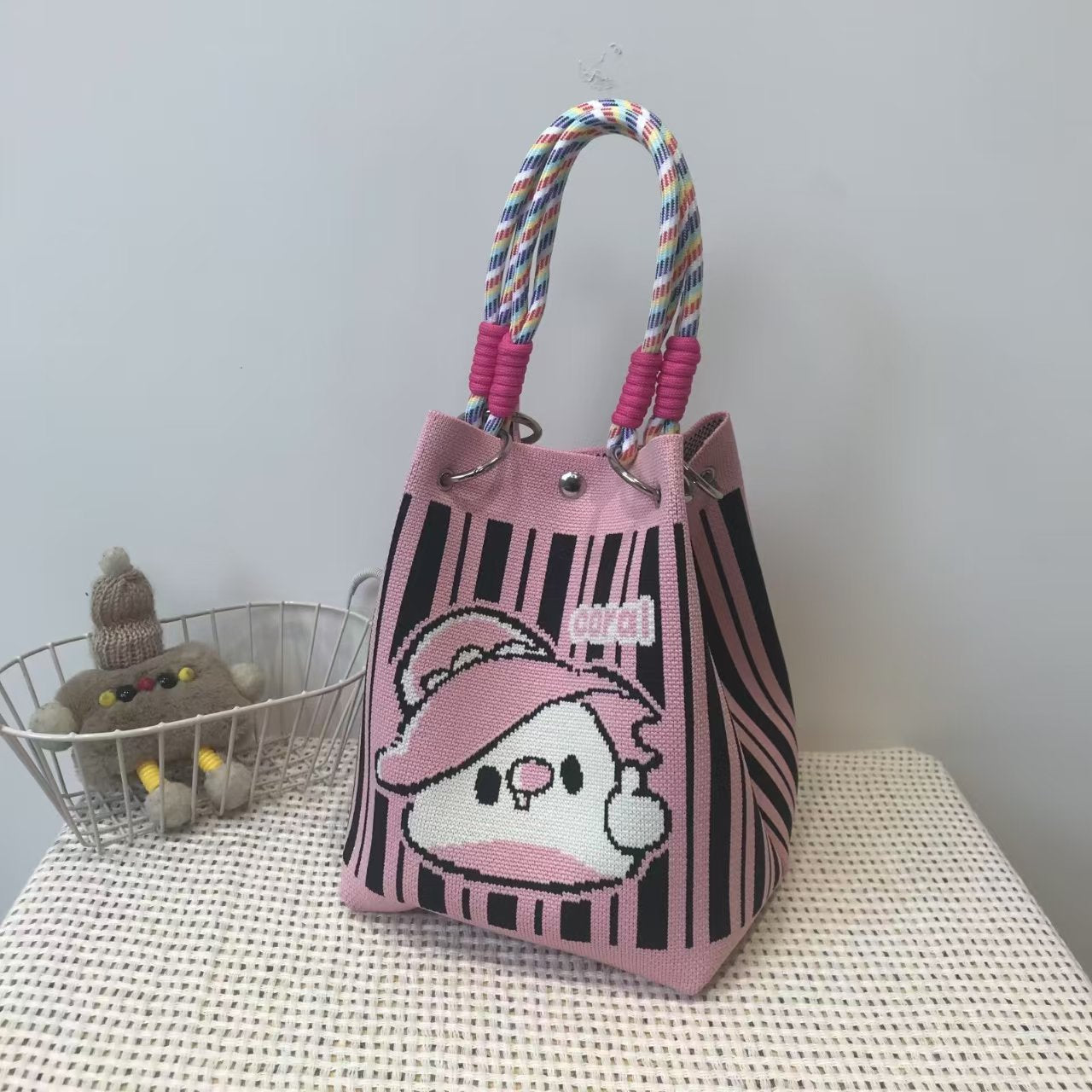Black and White Rhombus Knitted Tote Bag Women's Casual Versatile Large Capacity Messenger Bag Handbag