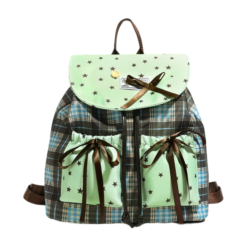 Cute Fashion Girly Style Fresh Women's New Sweet Plaid Stitching Design Sense Bow Backpack