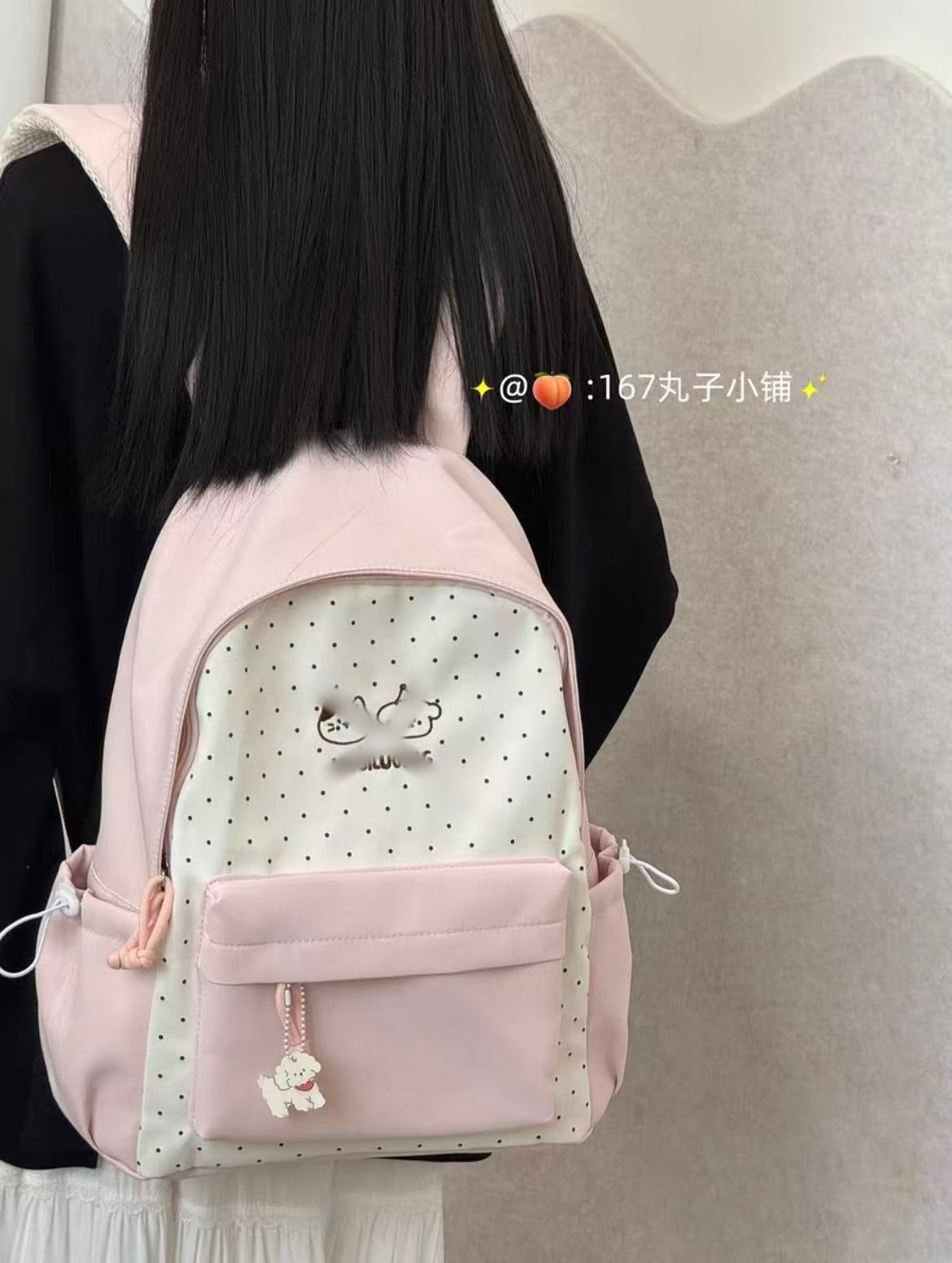 Cute Polka Dot Backpack with Embroidery Design for Girls, Fashionable and Durable School Bag with Front Pocket and Charm