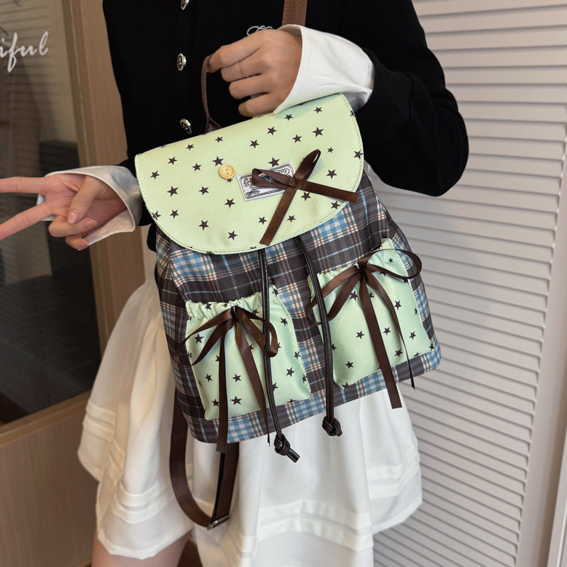 Cute Fashion Girly Style Fresh Women's New Sweet Plaid Stitching Design Sense Bow Backpack