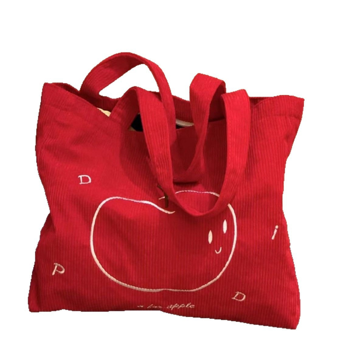 New Corduroy Apple Embroidered Tote Bag Large Capacity Commute Leisure Travel Shoulder Bag