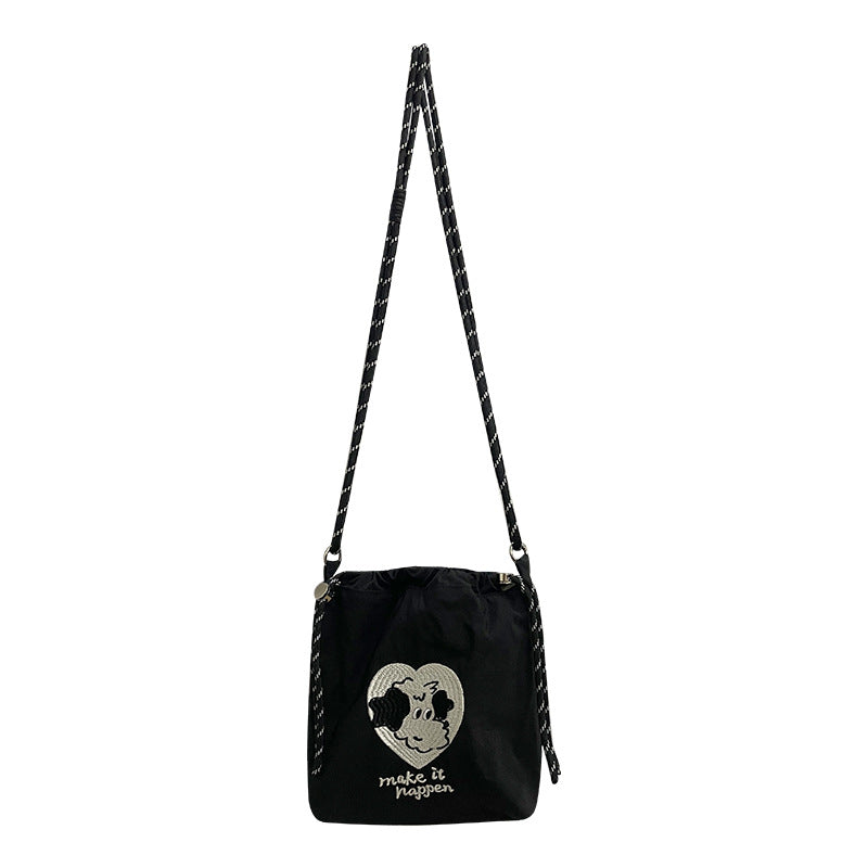 Cute Embroidered Drawstring Bag with Adorable Dog Design, Fashionable Nylon Crossbody Bag for Daily Use