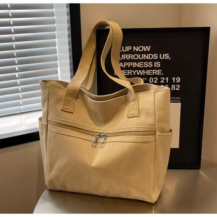 Korean Style Minimalist Canvas Tote Bag with Zipper Closure, Large Capacity Everyday Shoulder Bag for Women