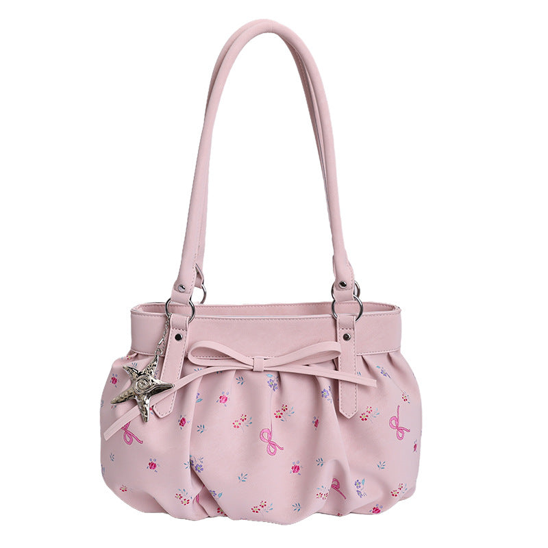 Korean Style Large Capacity Shoulder Bag with Pleated Design and Polka Dot Print for Daily Commute