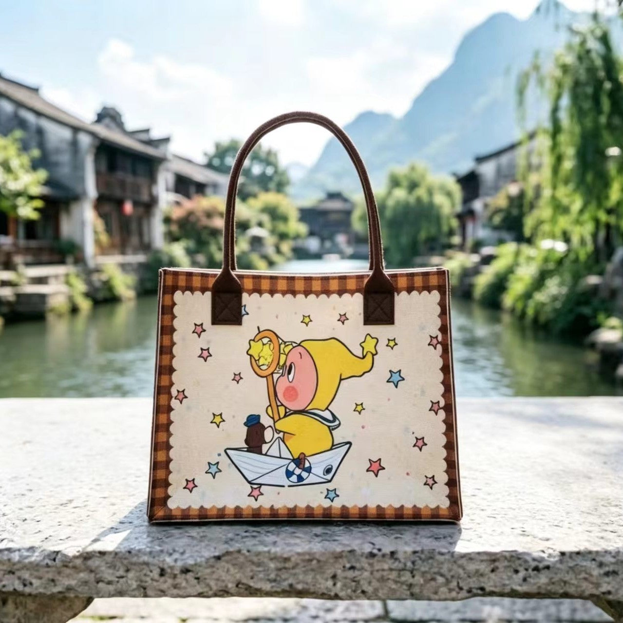 Cute Twinkle Character Tote Bag with Retro Cartoon Print, Large Capacity Daily Commute Handbag for Women