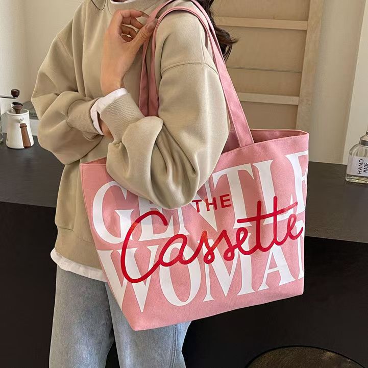 Large Capacity Letter Tote Bag for Women 2025 New Style Casual Canvas Shoulder Bag with Print Design Perfect for Daily Commute and School