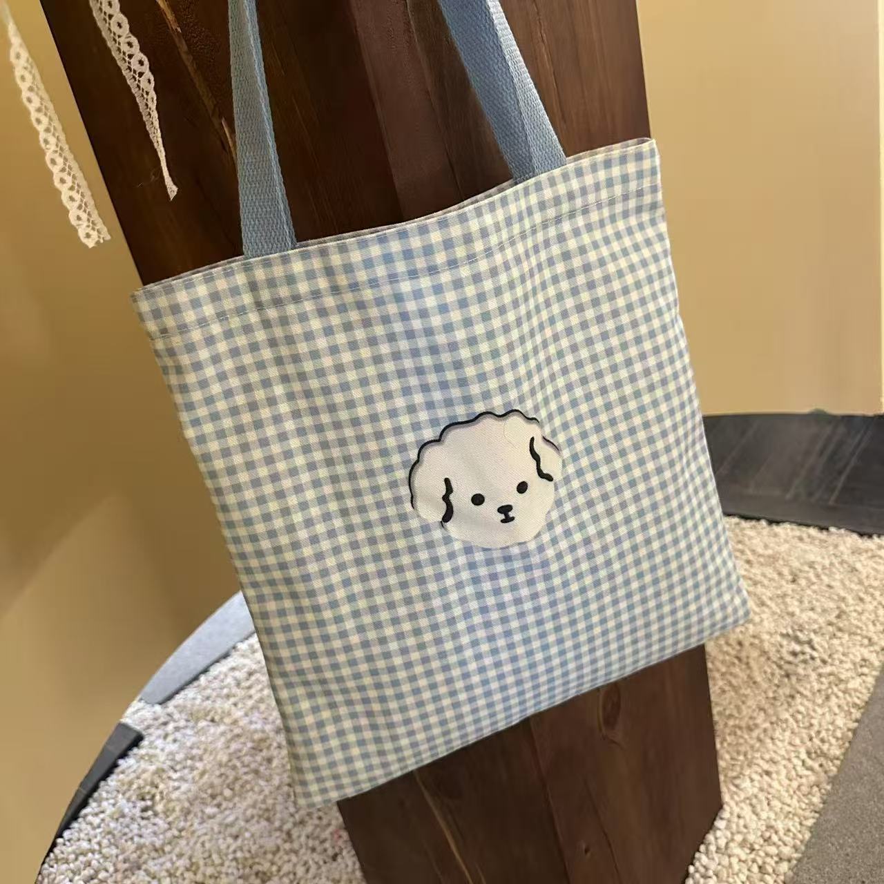 Cute Dog Face Checkered Canvas Tote Bag for Students and Daily Use