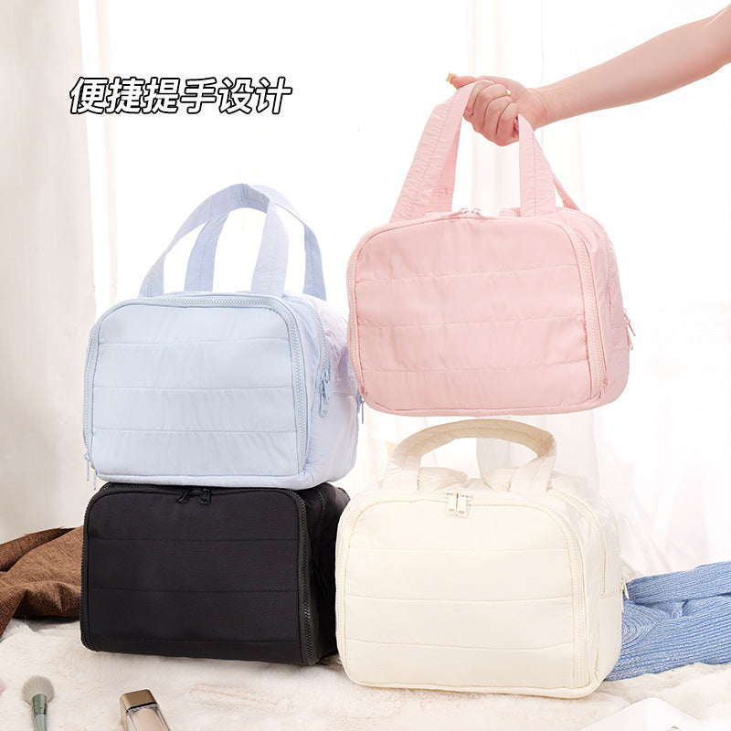 Double Wide Open Large Capacity Fluffy Cosmetic Bag Women's High-End Travel Portable Toiletry Bag Fresh Sweet Style