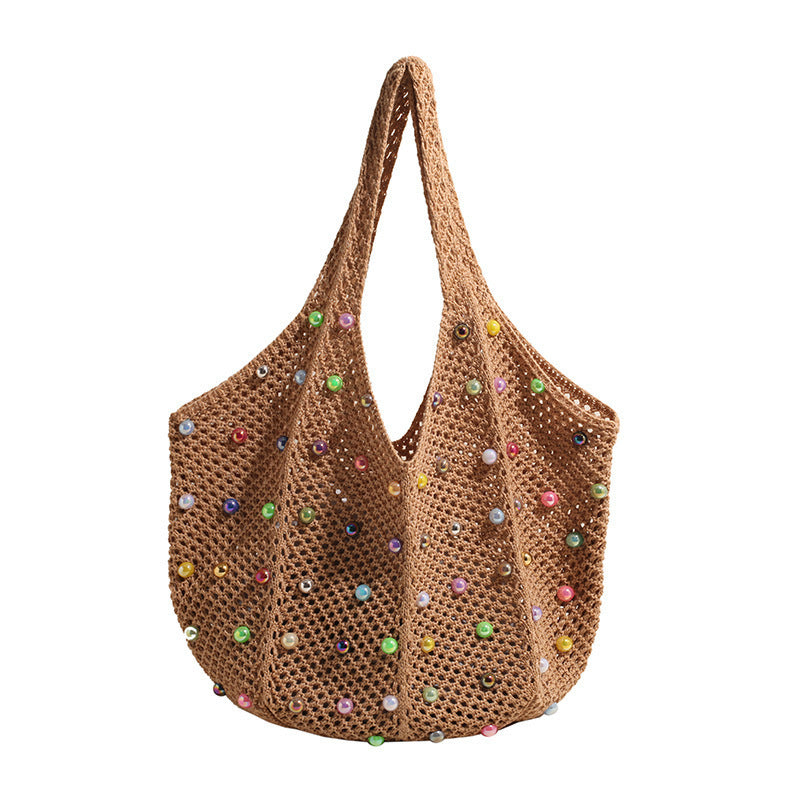 Women's Shoulder Bag Beach Bag Fashionable Knitted Flower Tote Bag Women's Casual Beach Travel Sling Bag Large Capacity Woven Bag