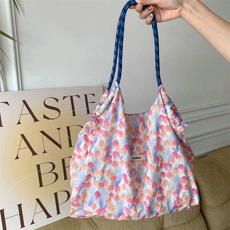 Korean Style Summer Large Capacity Hand Shoulder Bag Drawstring Shopping Bag Fresh Floral Tote Bag Underarm Bag