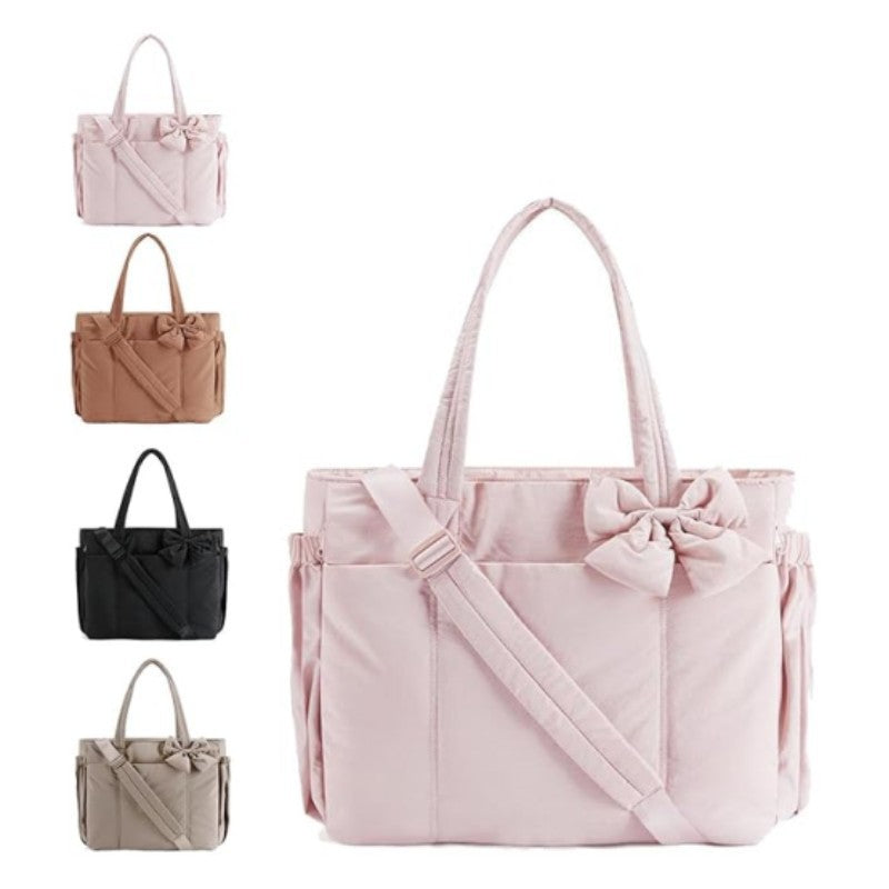 Large Capacity Tote Bag with Bow Detail, Nylon Casual Travel Shoulder Bag for Women, Multiple Pockets and Adjustable Strap