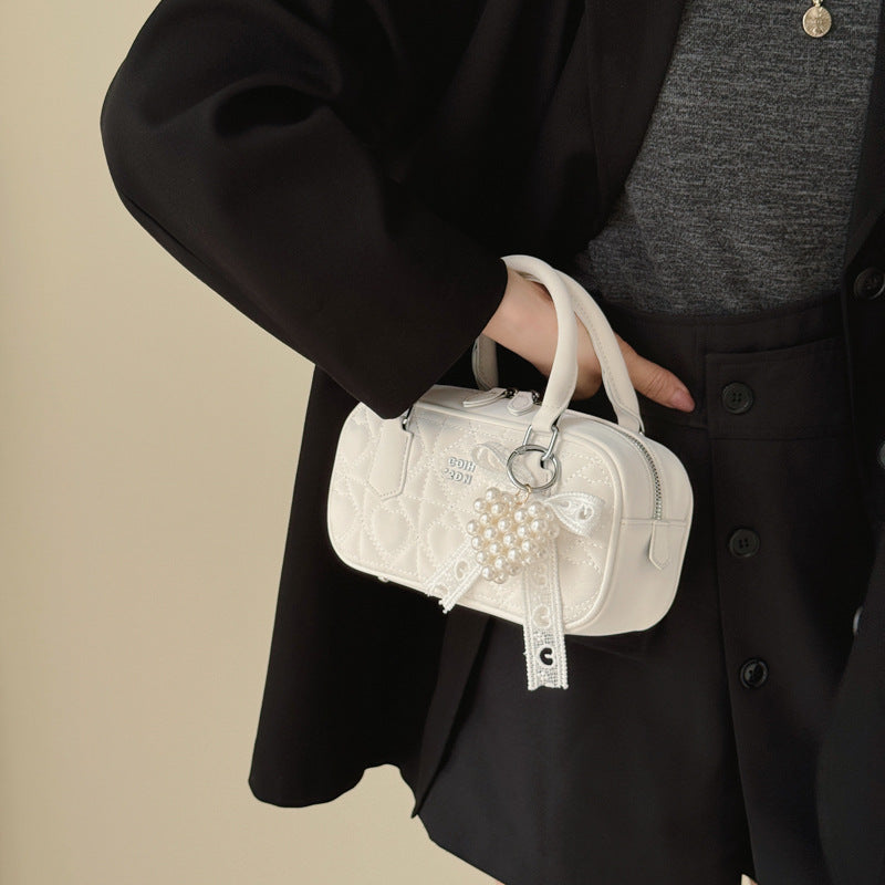 Elegant Quilted Crossbody Bag with Pearl Charm for Women, Fashionable Daily Use Handbag with Zipper Closure and Adjustable Strap