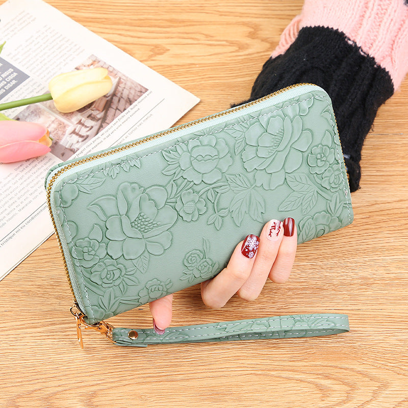 Elegant Floral Embossed Long Zipper Wallet with Phone Pocket and Multiple Compartments for Women