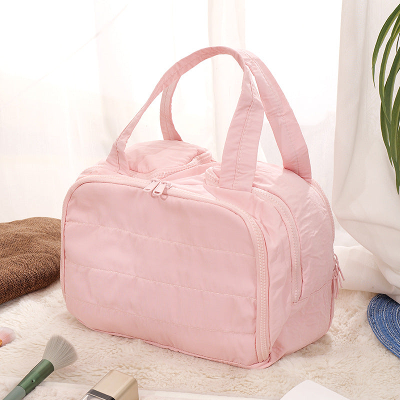 Double Wide Open Large Capacity Fluffy Cosmetic Bag Women's High-End Travel Portable Toiletry Bag Fresh Sweet Style