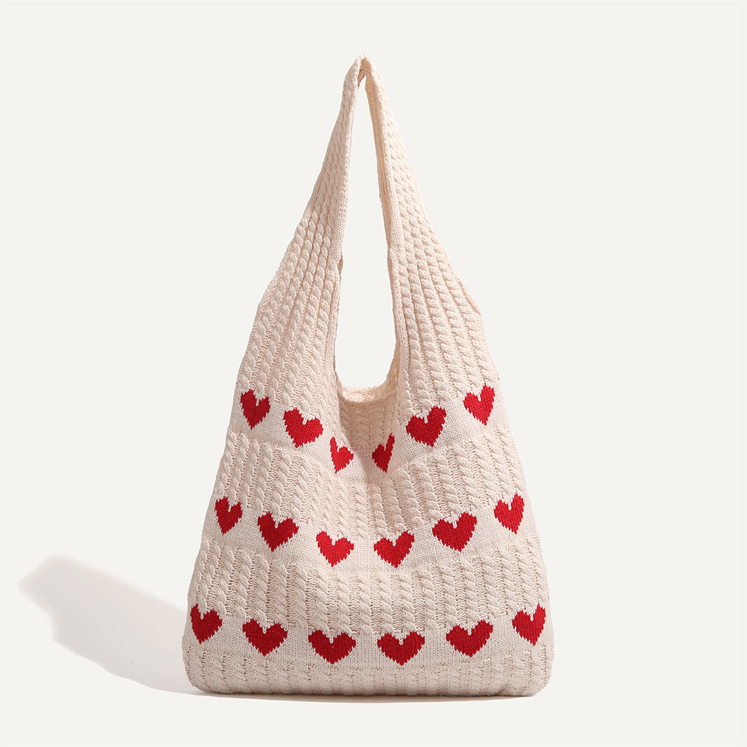 Women's Shoulder Bag Love Pattern Knitted Tote Bag Soft Handmade Shoulder Bag Daily Matching Fashion Tote Bag