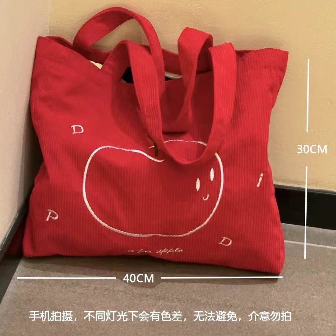 New Corduroy Apple Embroidered Tote Bag Large Capacity Commute Leisure Travel Shoulder Bag