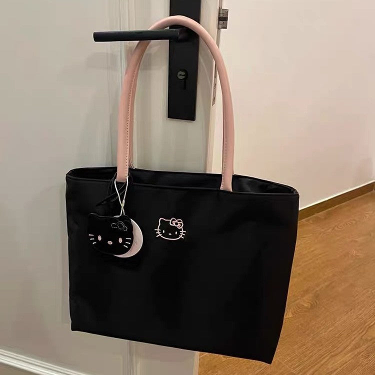 Cute Kitty Embroidered Tote Bag for Women, Large Capacity Soft Nylon Shoulder Handbag with Magnetic Closure and Inner Pockets