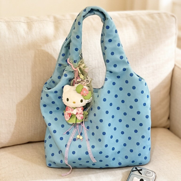 New Polka Dot Tote Bag Women's Large Capacity Commuter Shoulder Bag Fashion All-Match College Style Simple Design with Cute Pendant Daily Travel Essential