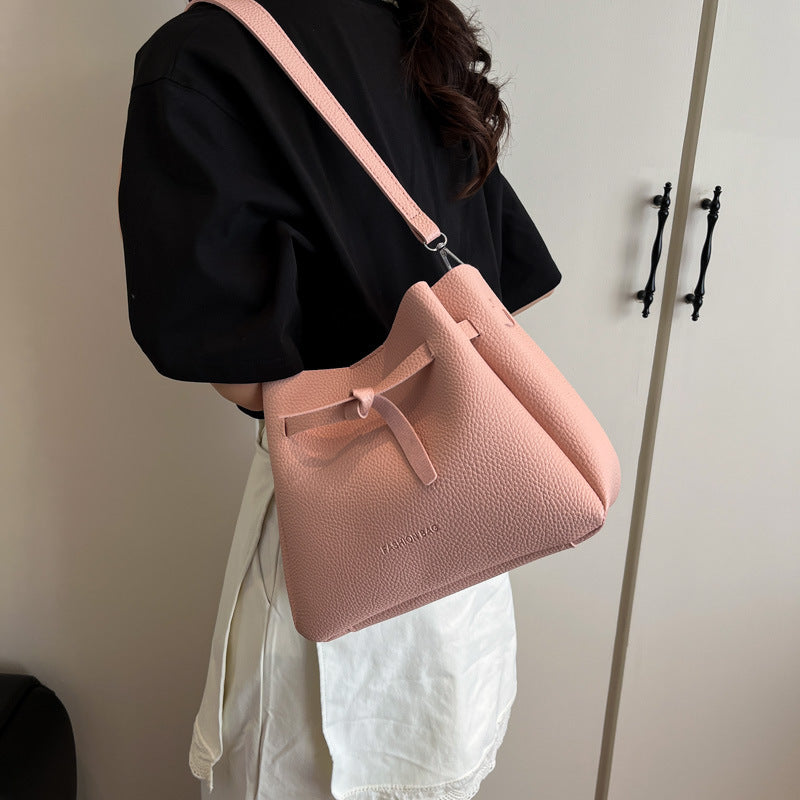 2025 Spring New Women's Fashion Bucket Bag with Bow Detail, Casual Street Style Shoulder Bag with Magnetic Closure and Inner Pockets
