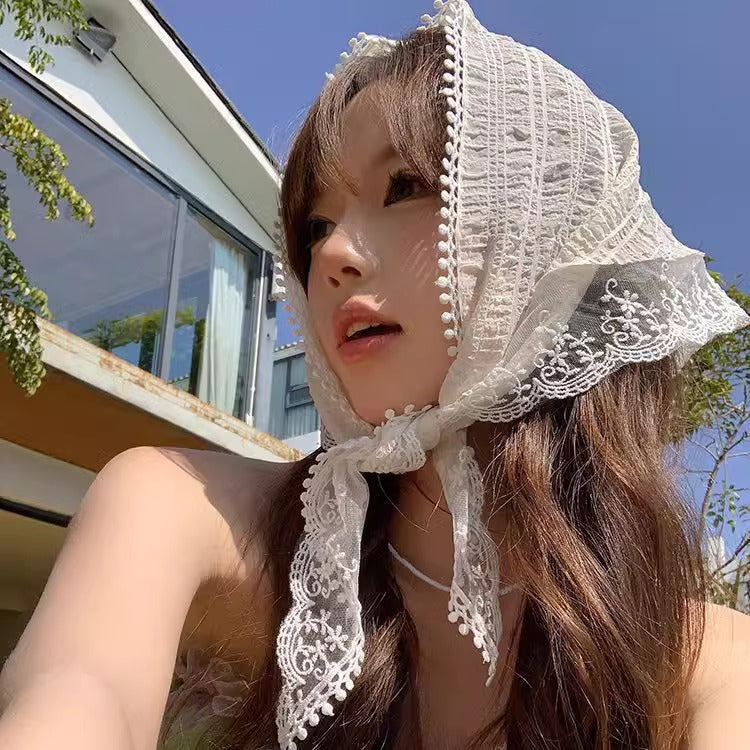 Vintage LaceÈý½Ç Headscarf for Women, Elegant Floral Trim Summer Accessory, Romantic French Style Hair Wrap